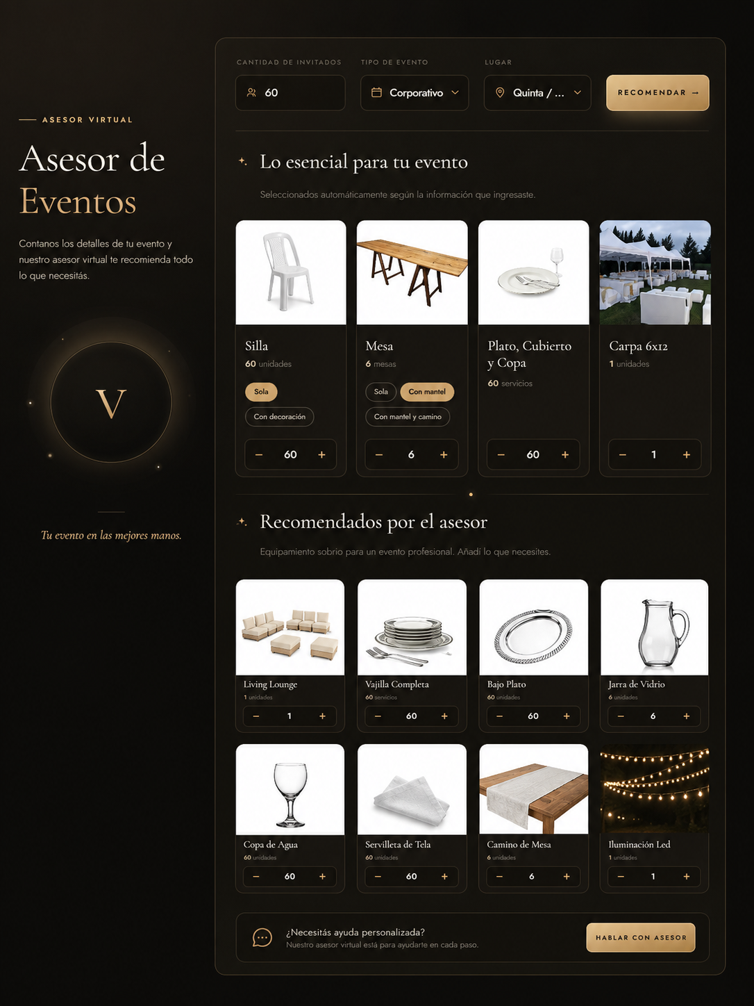 Asesor de eventos · interfaz del planificador virtual de Versena