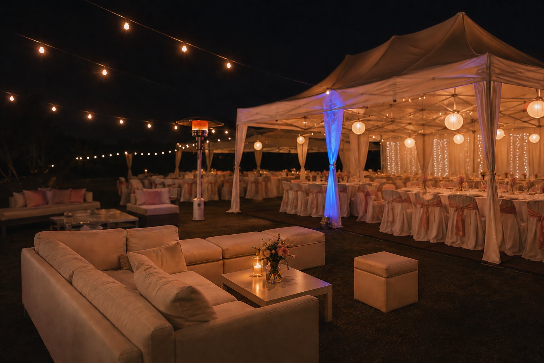 Evento Versena · carpa iluminada de noche
