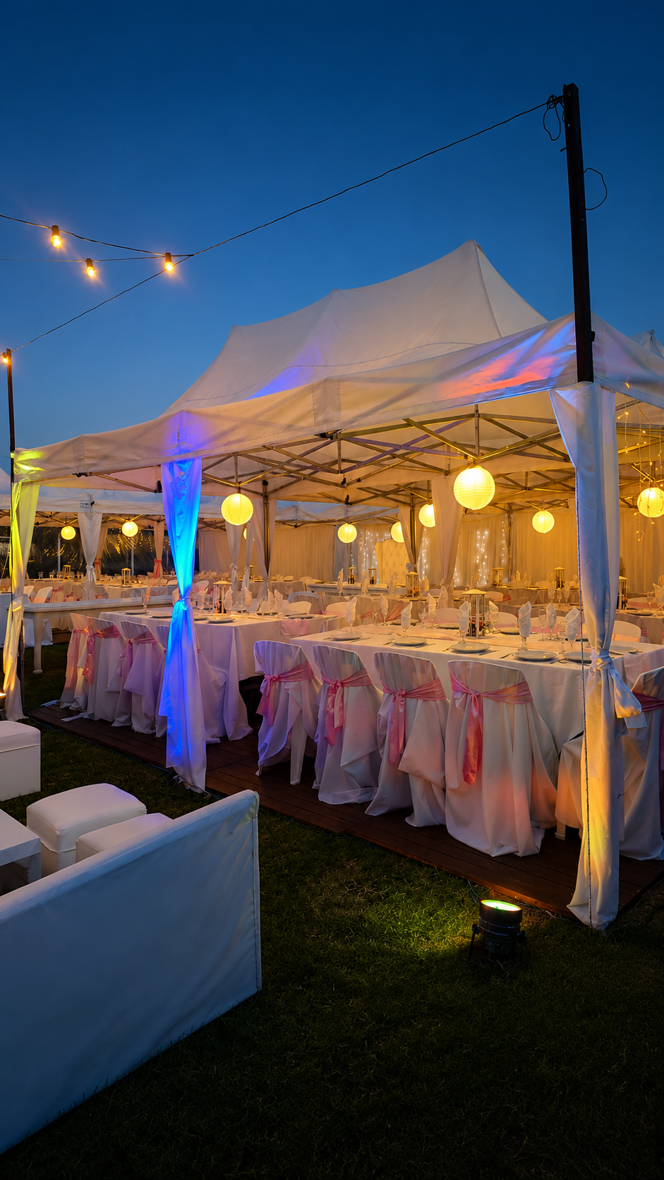 Cena con farolas y guirnaldas al anochecer